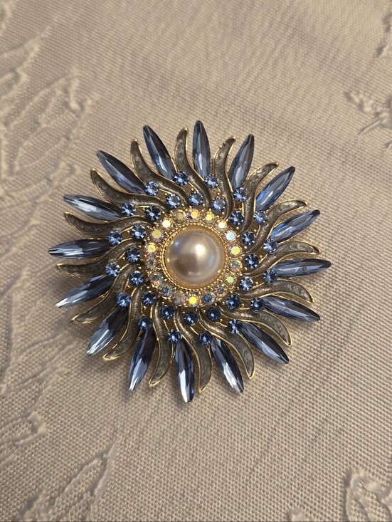 Jewelry - Gold-Tone Blue Crystal and Pearl Sunburst Brooch